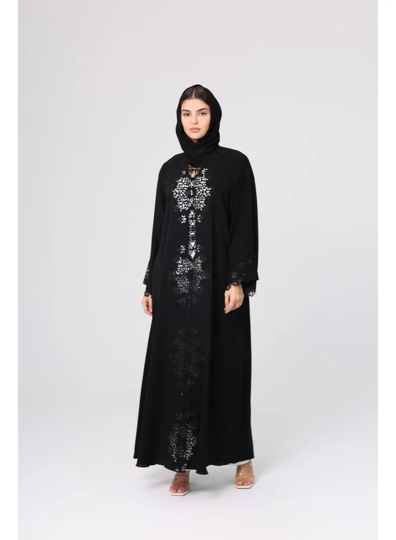 IKKXA Floral Cut Front Abaya Crystal Details ABY1130 Black